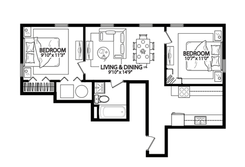 Floor plan for 2 beds, 1 bath, 643 sqft